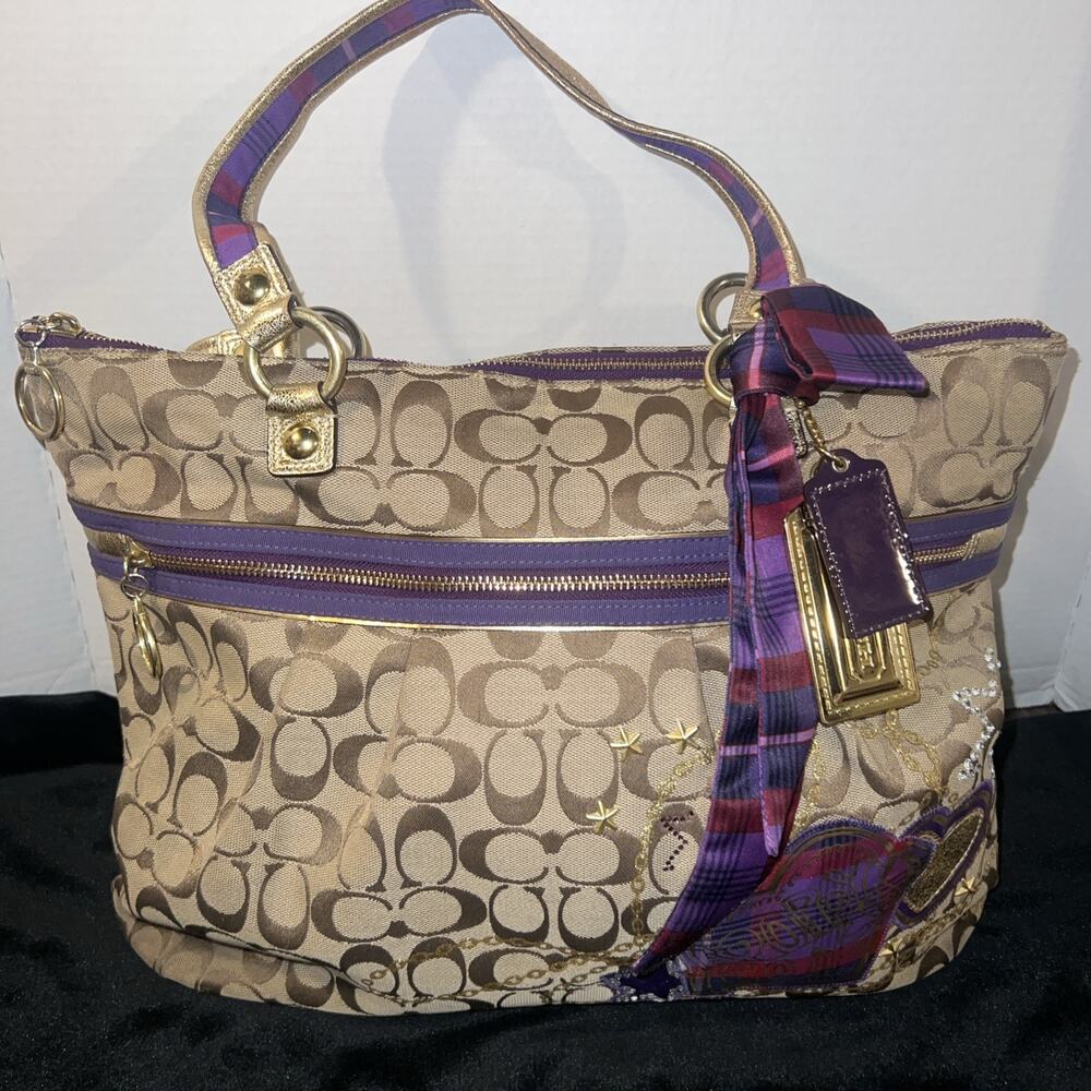 COACH PURPLE/GOLD/ PLAID SIGNATURE SPECIAL EDITION LARGE HANDBAG 15882 Read